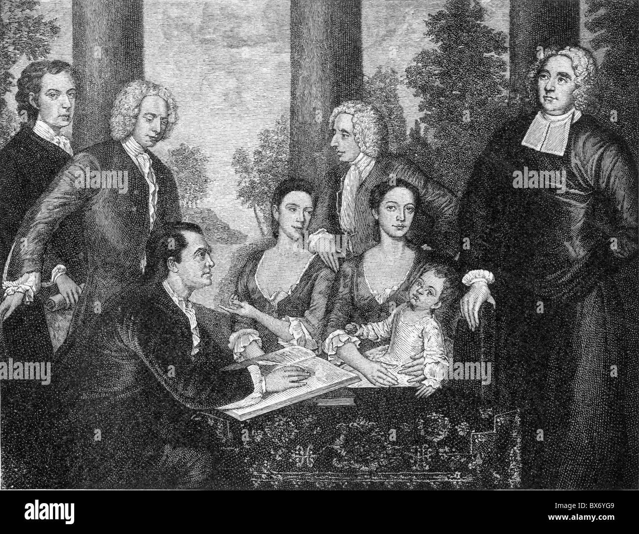 Dean Berkeley and his Missionary Entourage, circa 1729 after John Smybert; Black and White Illustration; Stock Photo