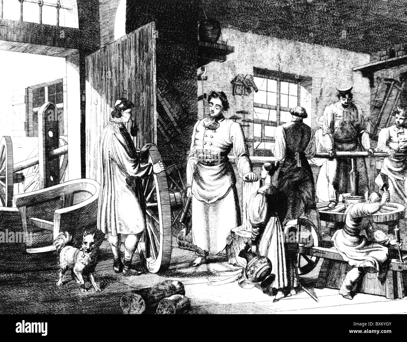 people, professions, cartwright, cartwright's shop, etching by Johann