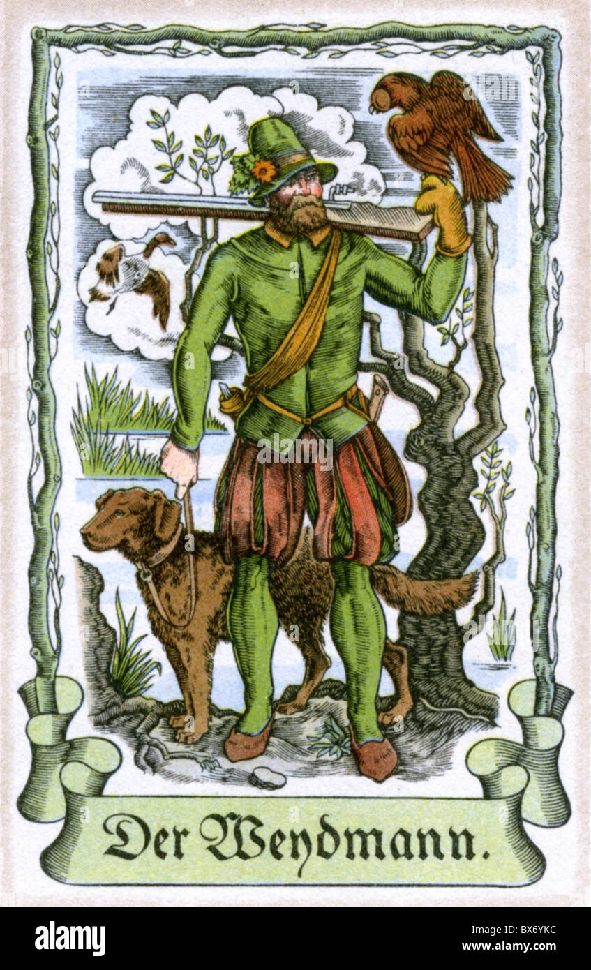 people, professions, hunter, circa 1575, colour print, cigarette card, Tengelmann, Muehlheim/Ruhr, 1934, , Additional-Rights-Clearences-Not Available Stock Photo