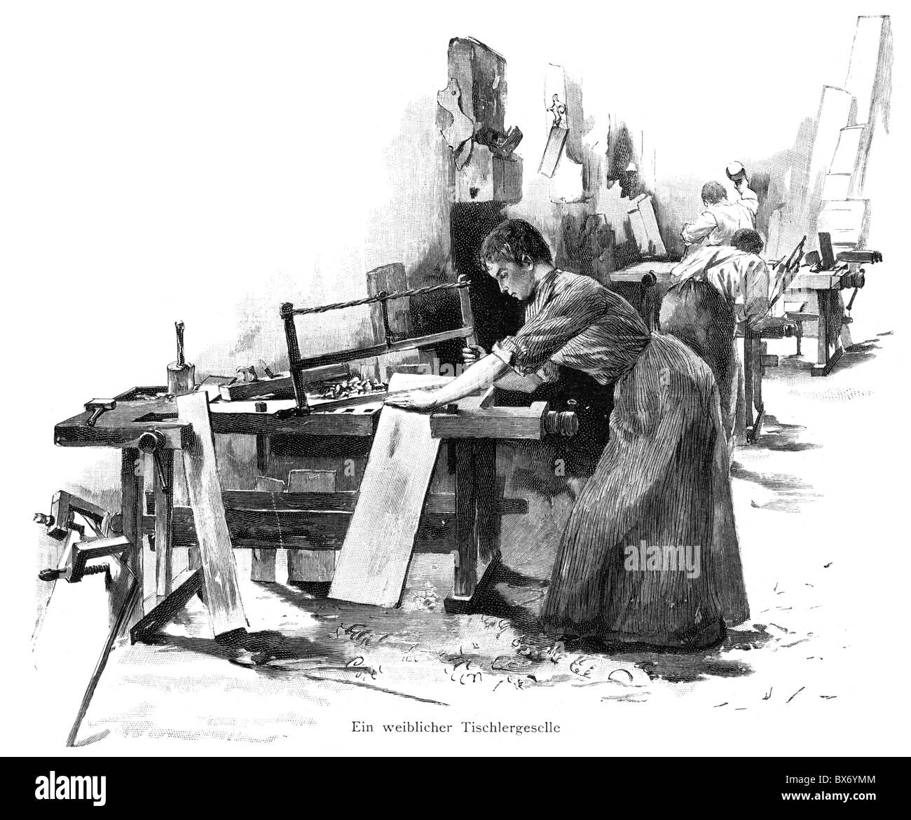 people, professions, joiner, female journeyman at work, wood engraving
