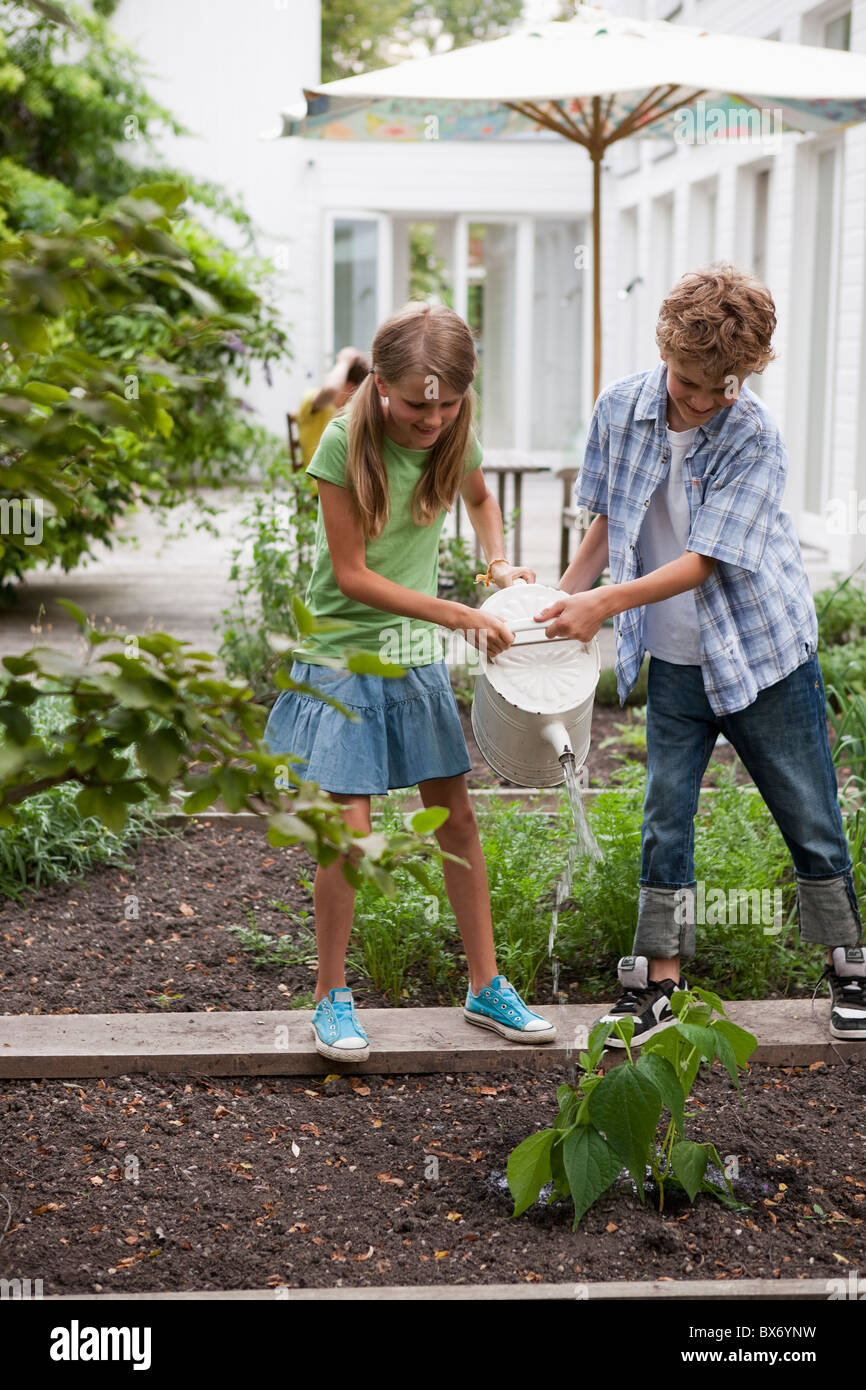 Boy and girl watering plants Stock Photo - Alamy
