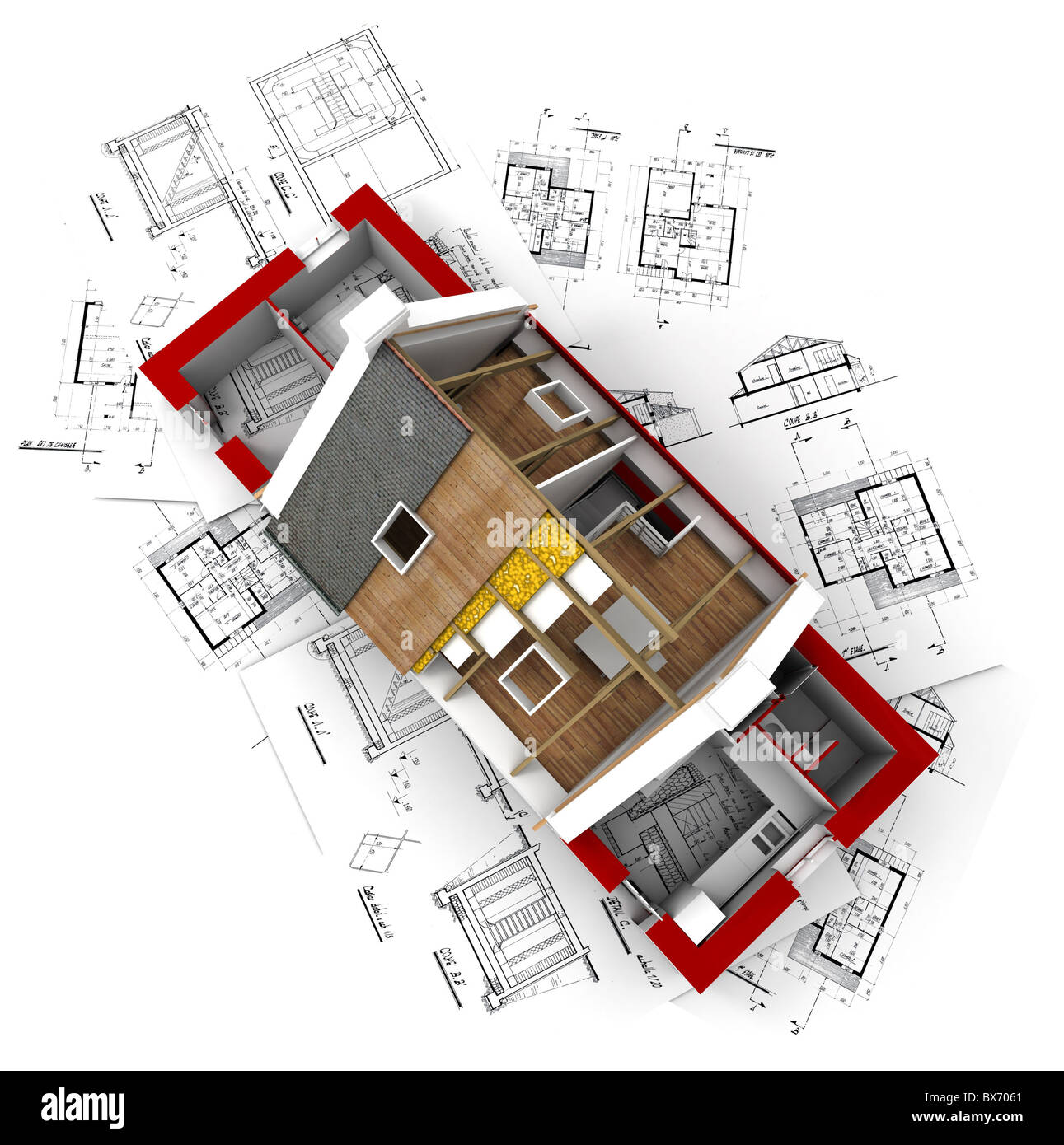 3D rendering of a roofless house on top of architect plans Stock ... 3D rendering of a roofless house on top of architect plans Stock ...