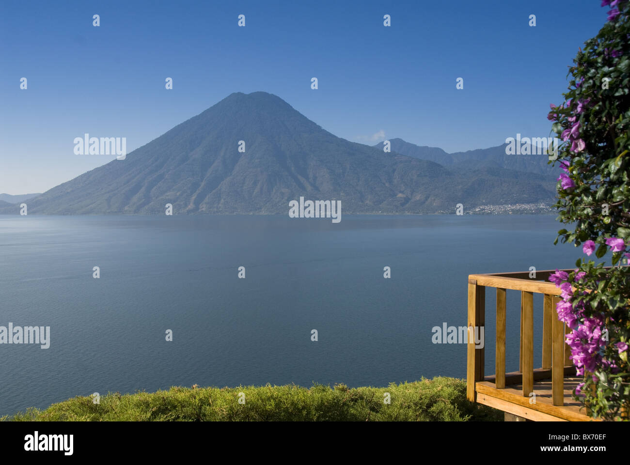 Lake Atitlan from Lomas de Tzununa Hotel with San Pedro Volcano in the background, Guatemala, Central America Stock Photo