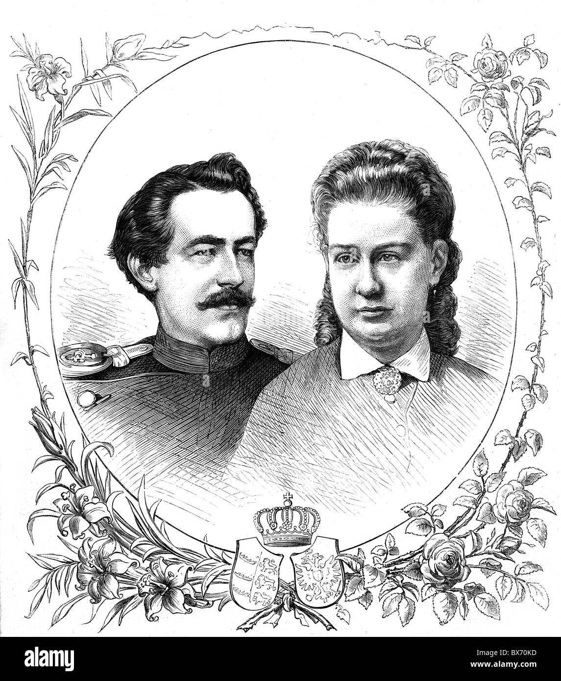 Wilhelm Eugen August, 20.8.1846 - 21.1.1877, Duke of Wuerttemberg, with his wife Vera, portrait, wood engraving, 19th century, , Stock Photo