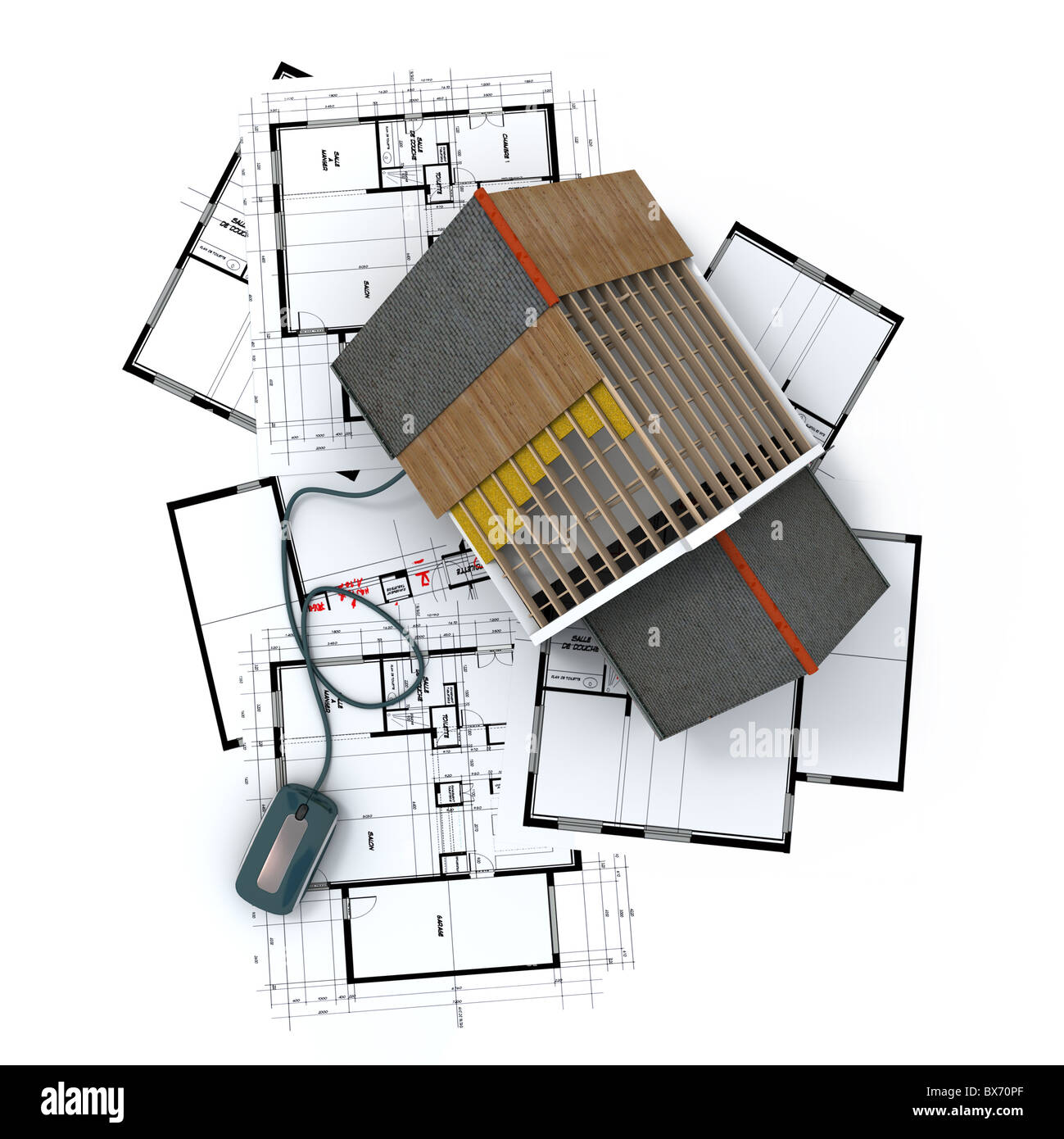 3D rendering of a residential architecture model on top of blueprints