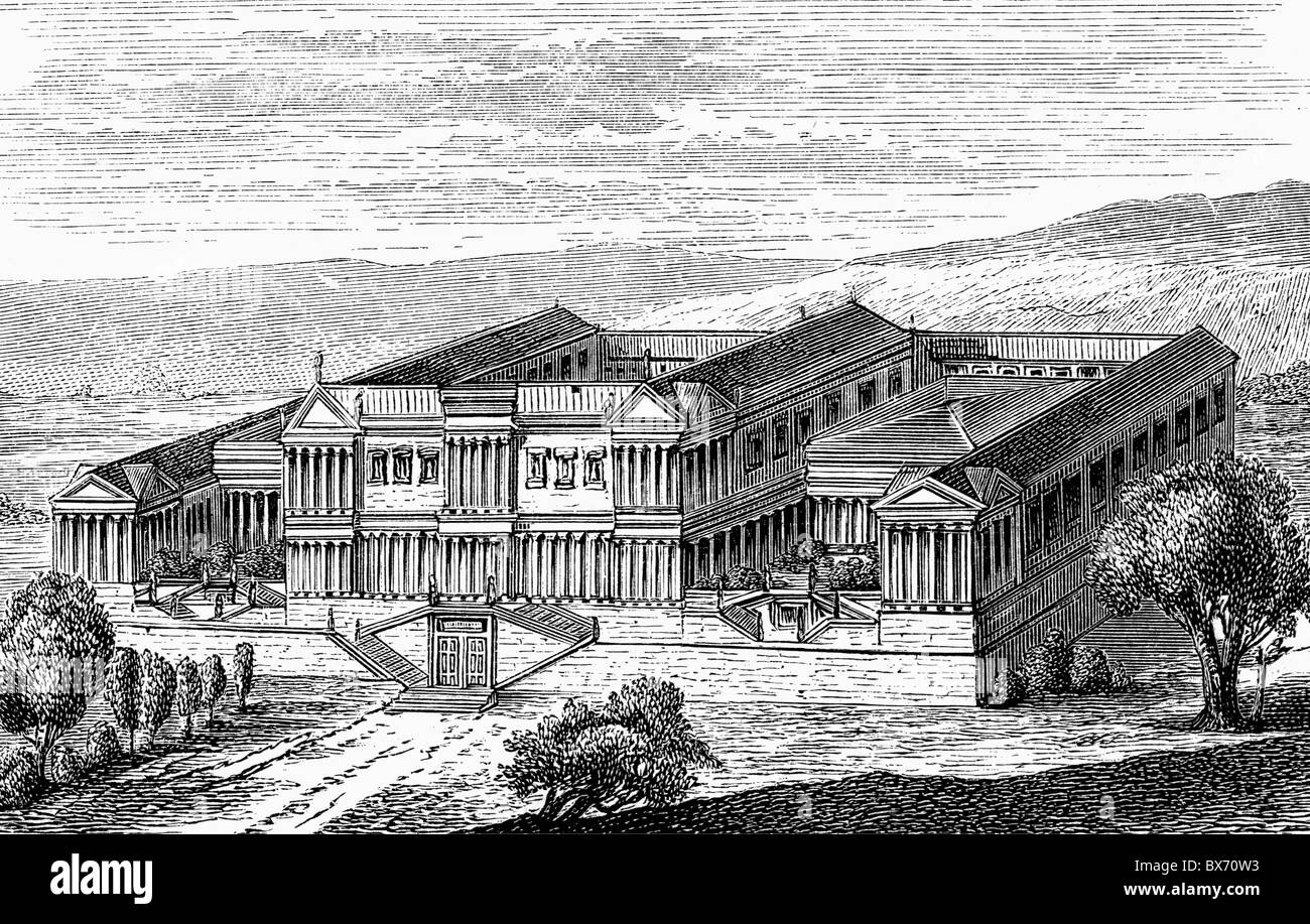 Cicero, Marcus Tullius, 3.1.106 - 7.12.43 BC, Roman politician, his mansion in Tusculum, reconstruction after Duruy, wood engraving, 19th century, , Stock Photo