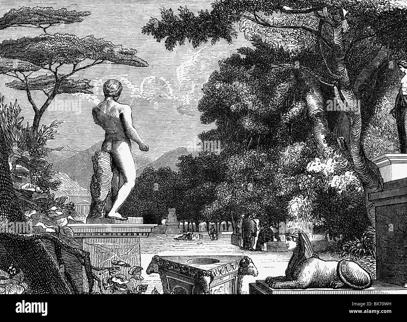 Cicero, Marcus Tullius, 3.1.106 - 7.12.43 BC, Roman politician, garden of his mansion in Tusculum, reconstruction, wood engraving, 19th century, , Stock Photo
