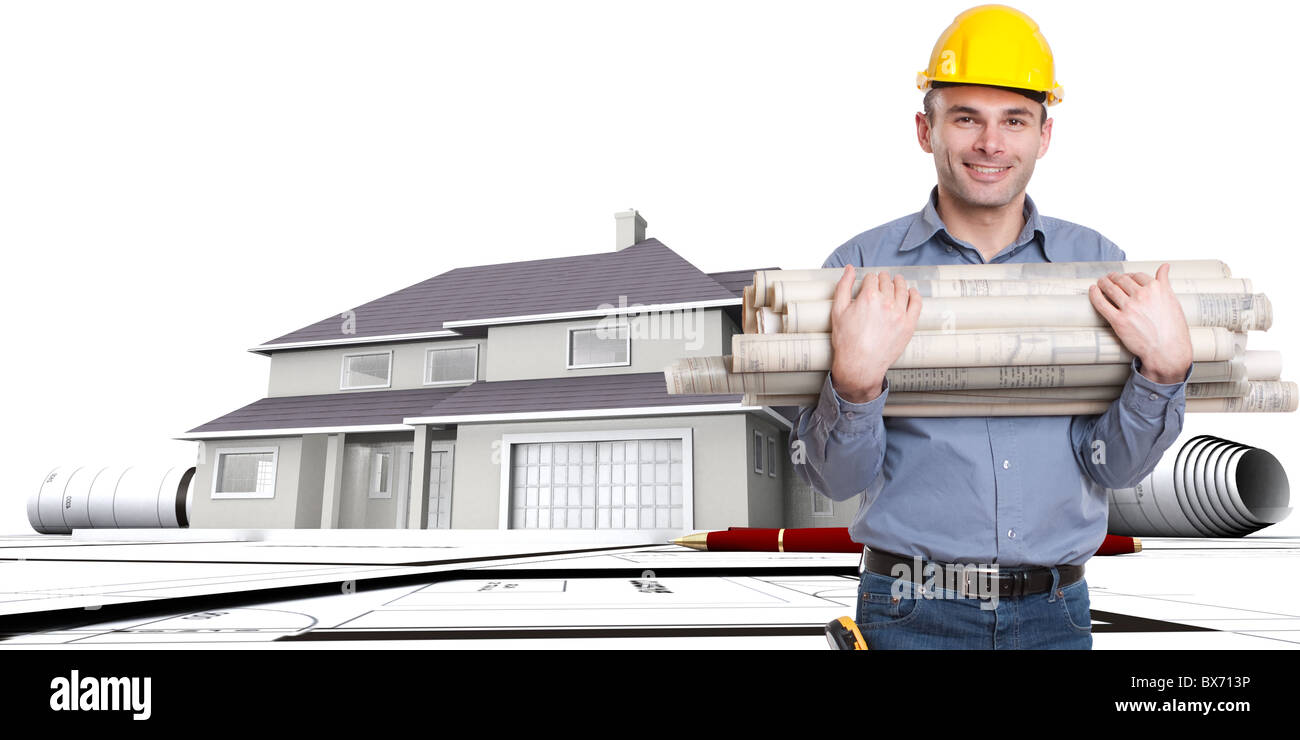 Composition of the construction process with architect, house ...