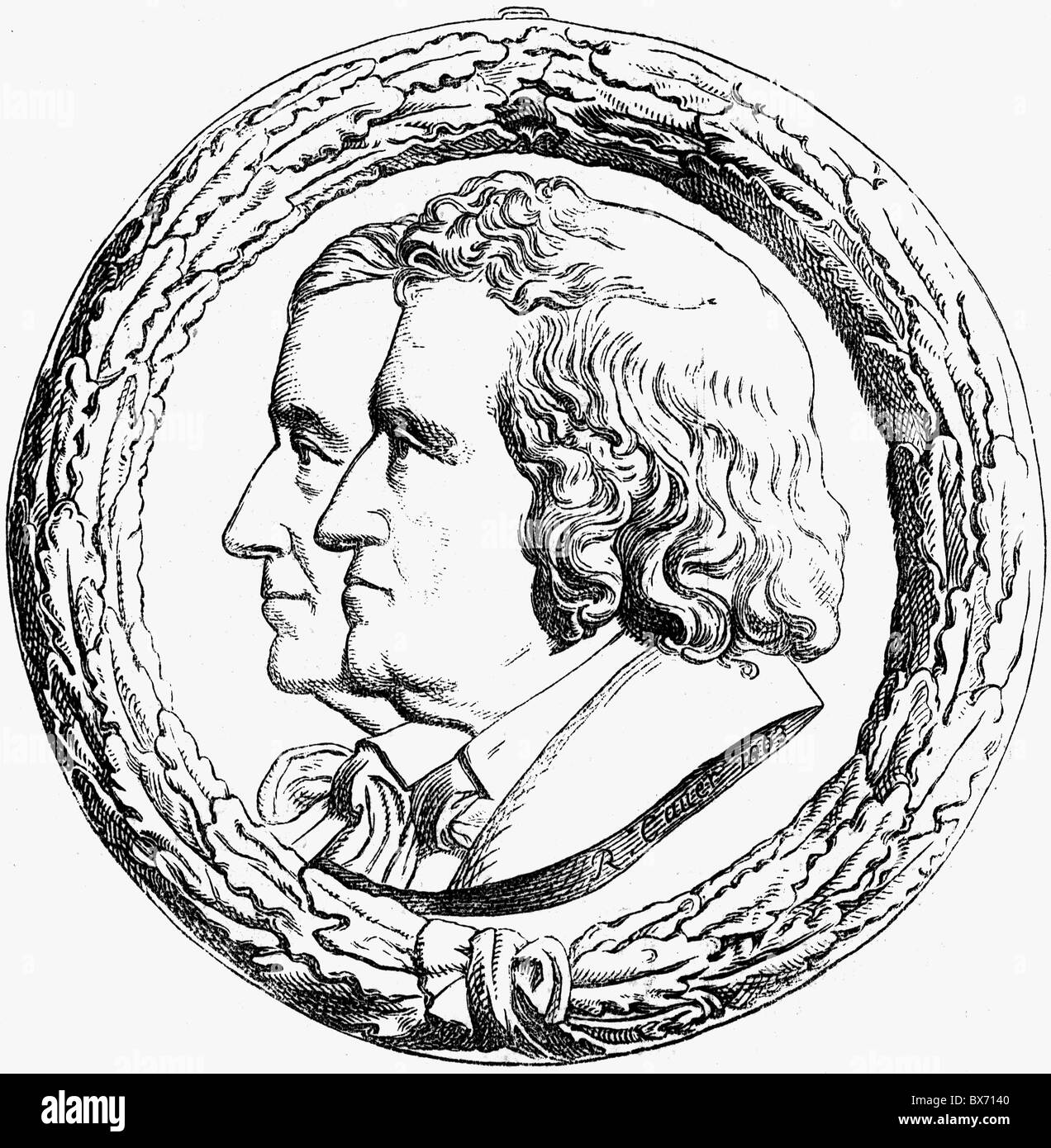 Grimm, Wilhelm, 24.2.1786 - 16.12.1859, German author / writer and linguist, portrait, with his brother Jacob, locket by Robert Cauer, wood engraving, 1863, Stock Photo