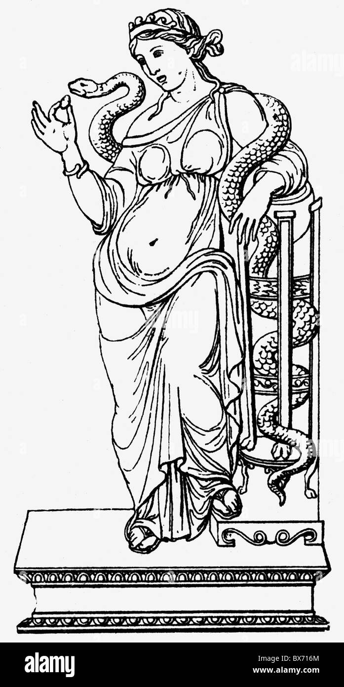 Hygieia, Greek and Roman goddess of health, cleanliness and sanitation, full length, drawing after a Roman ivory relief, Stock Photo