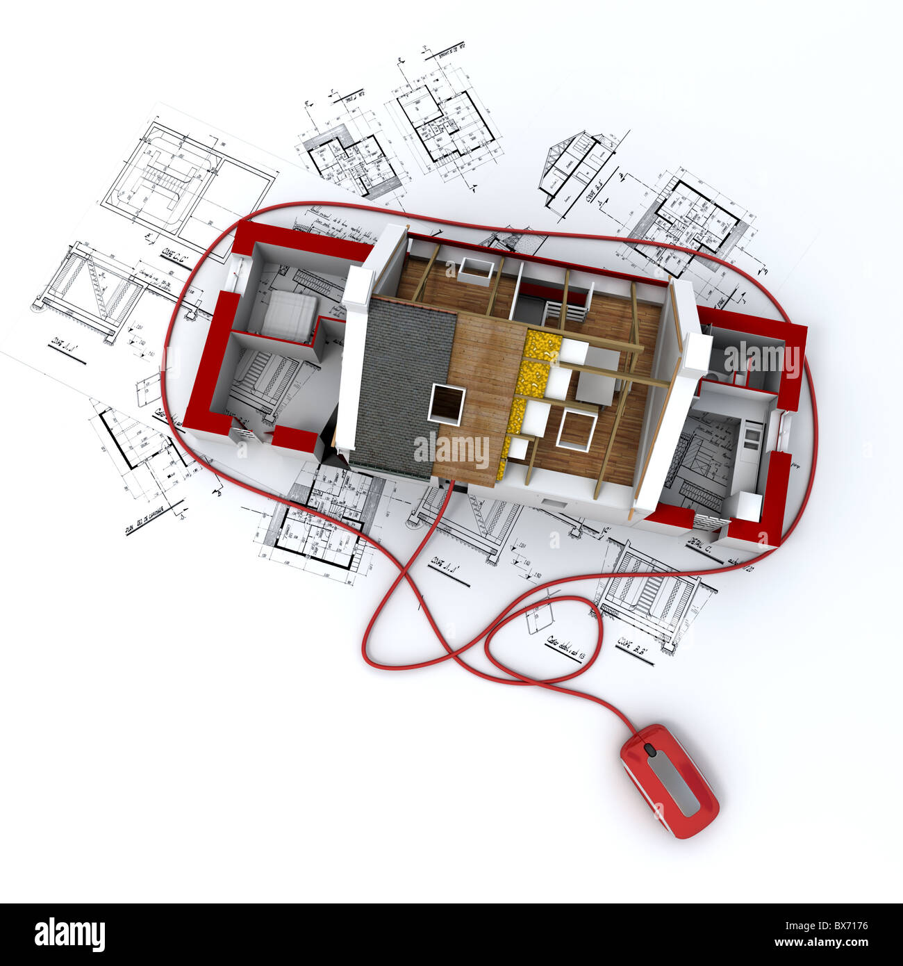 3D rendering of a residential architecture model on top of blueprints
