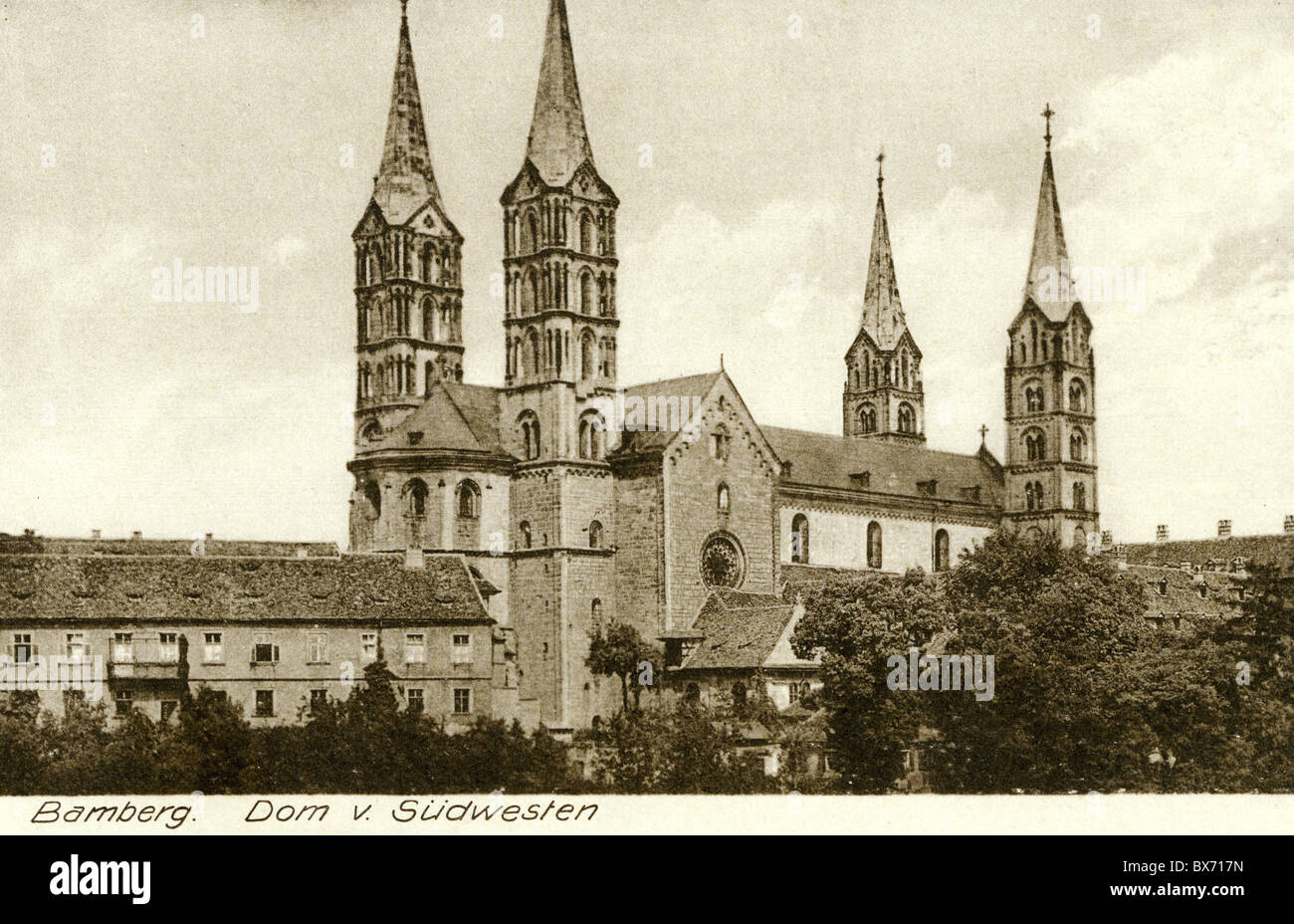 geography / travel, Germany, Bamberg, churches, cathedral, built 1004 - 1012, exterior view from southwest, picture postcard, published by Palm and Enke, Erlangen, circa 1900, church, Kingdom of Bavaria, Upper Franconia, Imperial Germany, Central Europe, 19th/20th century, historic, historical, middle ages, medieval, 1900s, Additional-Rights-Clearences-Not Available Stock Photo