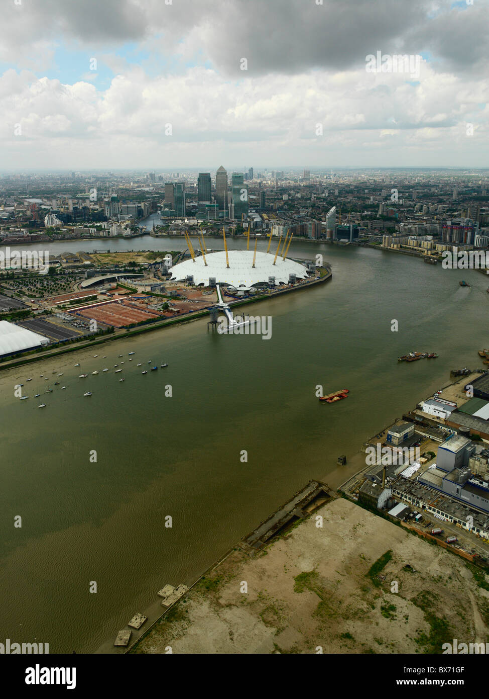 Millennium Dome on the Greenwich Peninsula and Canary Wharf, London