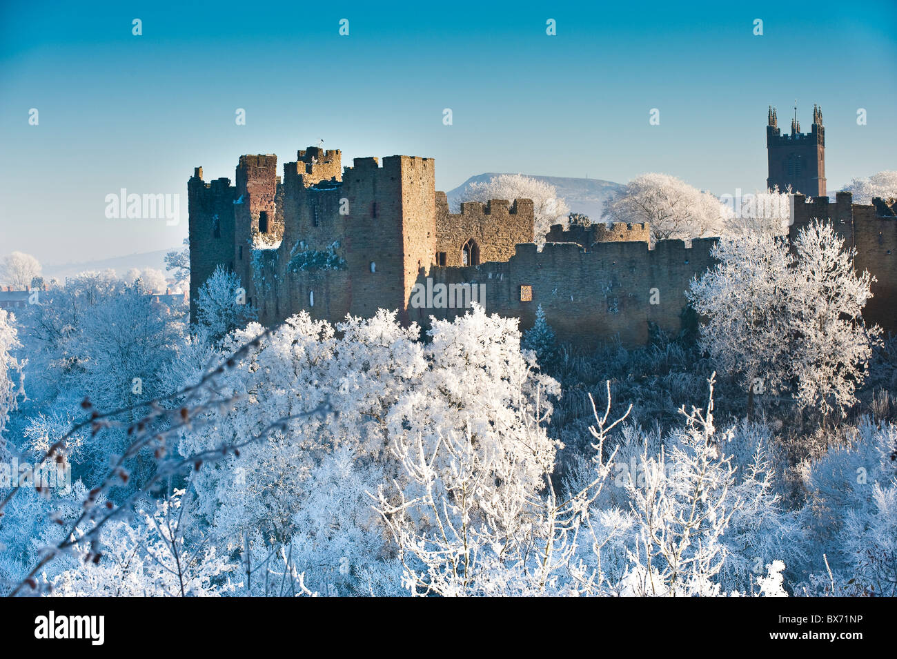 Ludlow castle and town covered in winter frost, Shropshire, UK Stock