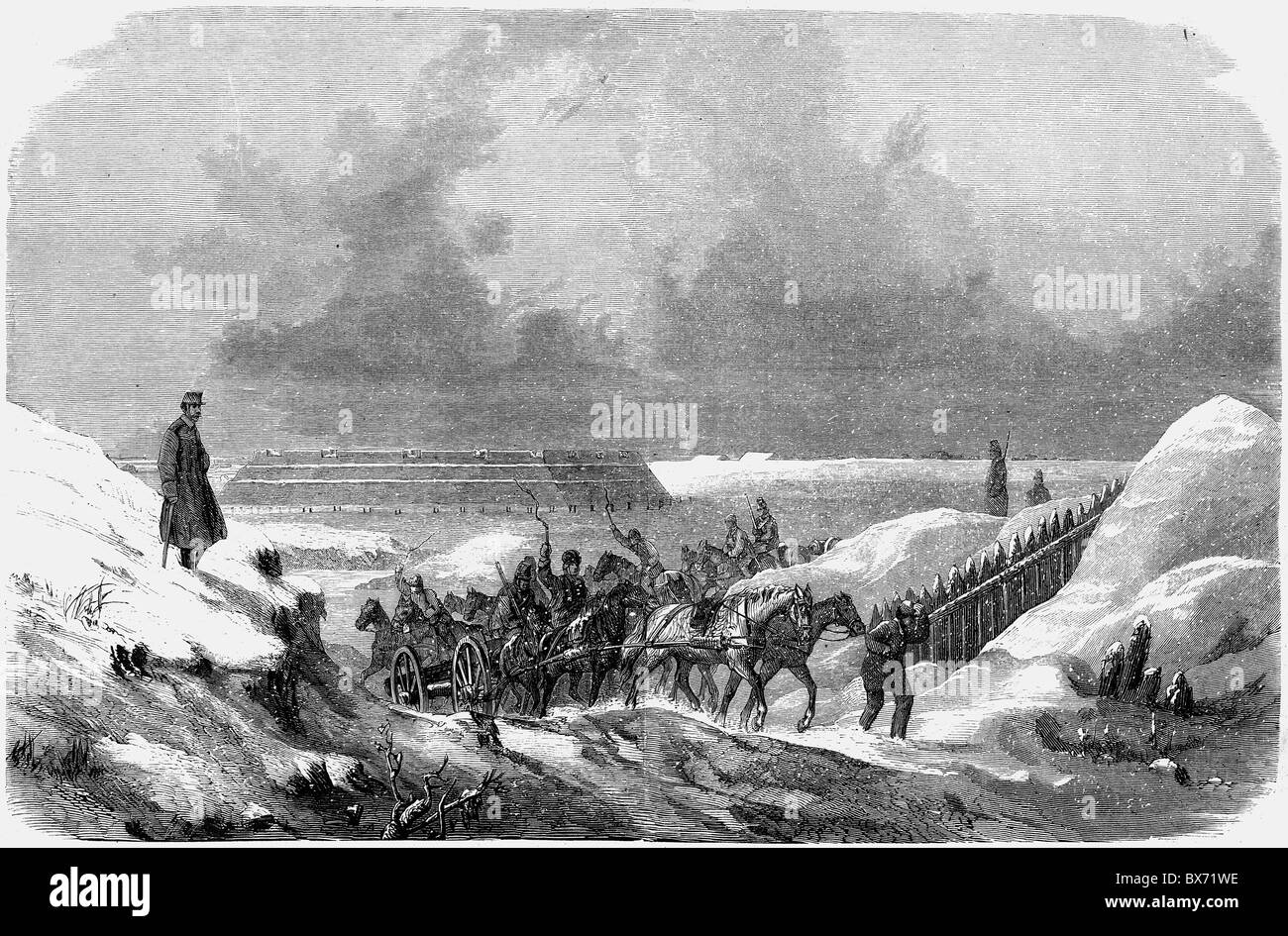 events, Second Schleswig War 1864, Austrian troops advancing at the Schlei near Missunde, mid February 1864, wood engraving after drawing by E. Wolperding,19th century, Denmark, Germany, Wars of German Unification, Austria, Austrians, soldiers, winter, horse and cart, redoubt, redoubts, fortress, historic, historical, people, Additional-Rights-Clearences-Not Available Stock Photo