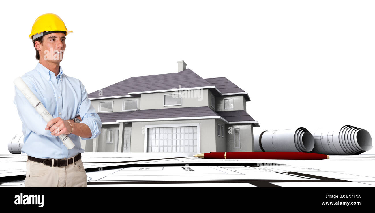 Composition of the construction process with architect, house ...