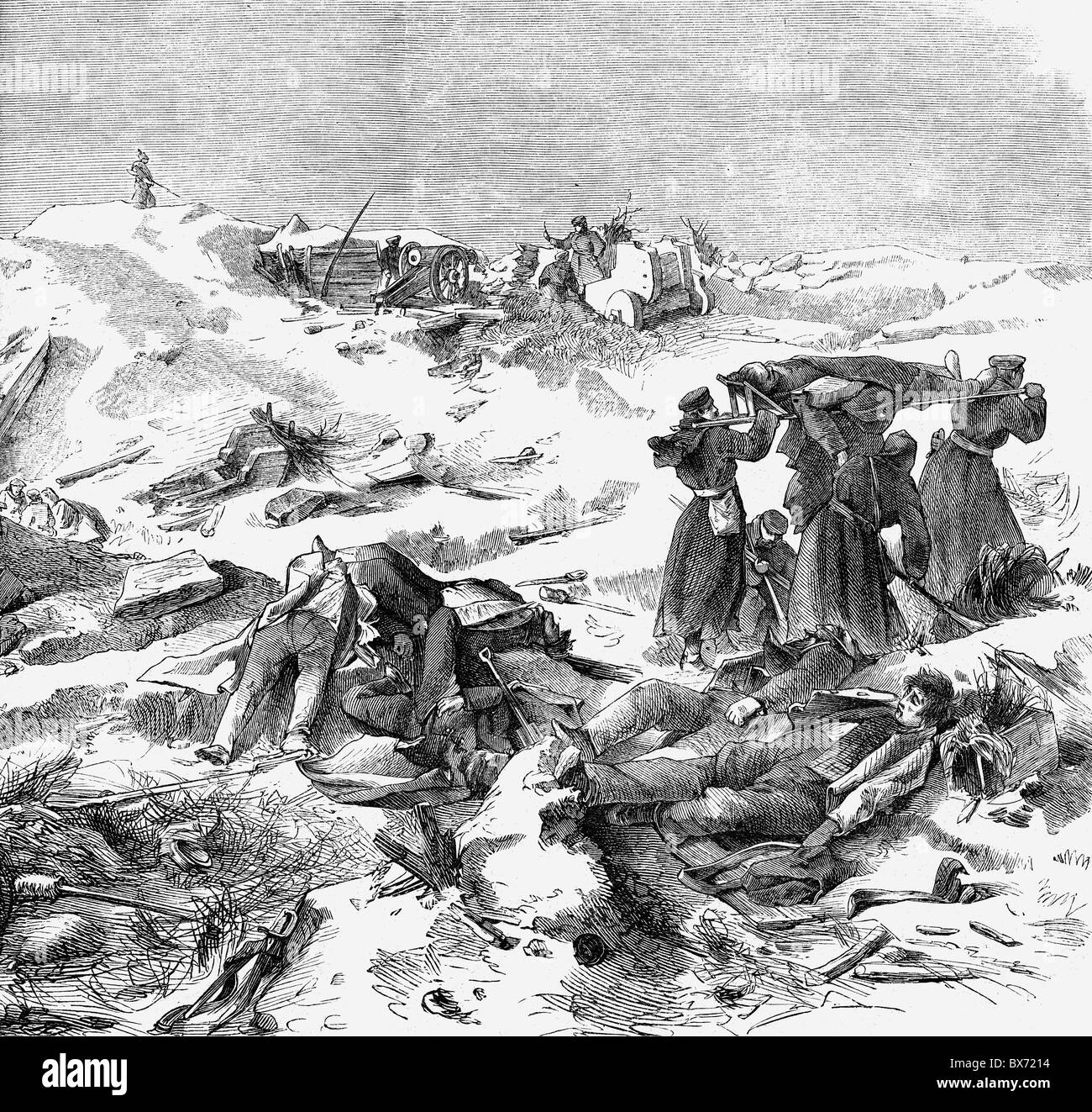 events, Second Schleswig War 1864, Battle of Dybbol, 18.4.1864, redoubt No. 2 after the battle, wood engraving after drawing by Otto Guenther, detail, 19th century, Denmark, Germany, Wars of German Unification, historic, historical, medical service, soldiers, medicine, ambulance men, medics, corpsmen, corpsman, carrying, stretcher, dead bodies, corpses, fallen, entrenchment, entrenchments, Gunther, Günther, people, Additional-Rights-Clearences-Not Available Stock Photo