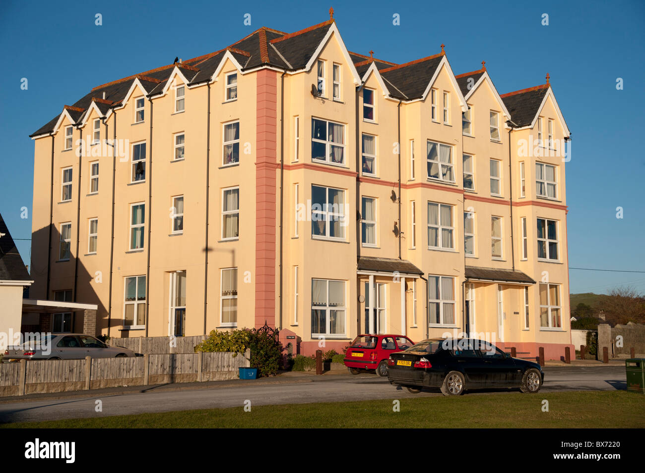 A large seaside apartment building, Criccieth, Gwynedd, Wales UK Stock Photo