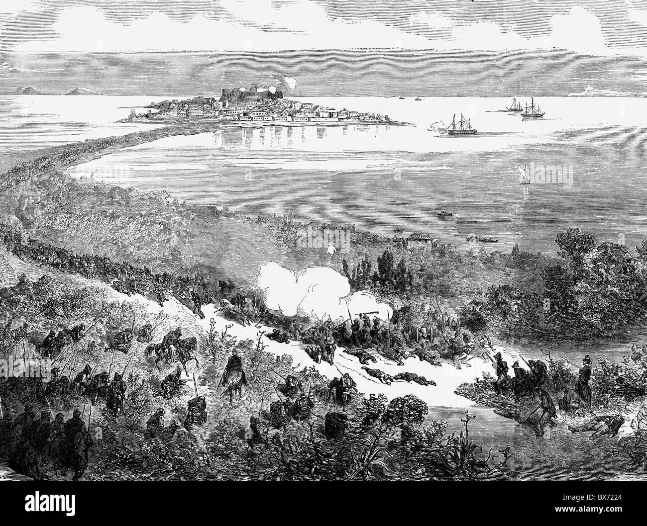 geography / travel, Italy, Risorgimento, Giuseppe Garibaldi's troops capture  Milazzo, 20.7.1860, contemporary wood engraving, Additional-Rights-Clearences-Not Available Stock Photo