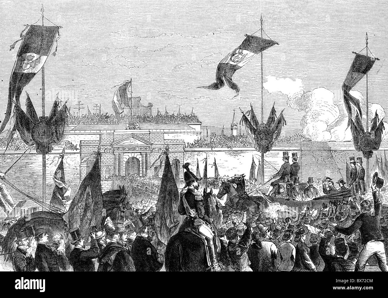 Victor Emmanuel II of Italy, 14.3.1820 - 9.1.1878, King of Italy 1861 - 1878, scene, the king arriving at the Porta Nuova in Verona, welcomed by a cheering crowd, contemporary wood engraving, Stock Photo
