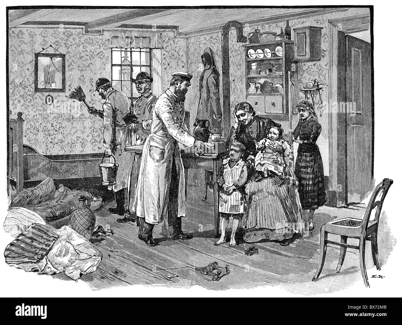 medicine, diseases, cholera, epedemic in Hamburg, 1892, desinfection column allocating food stamps, wood engraving after drawing by G. Arnould, October 1892, poverty, helpers, people, disease, epedemic, Germany, Imperial Era, 19th century, historic, historical, Additional-Rights-Clearences-Not Available Stock Photo