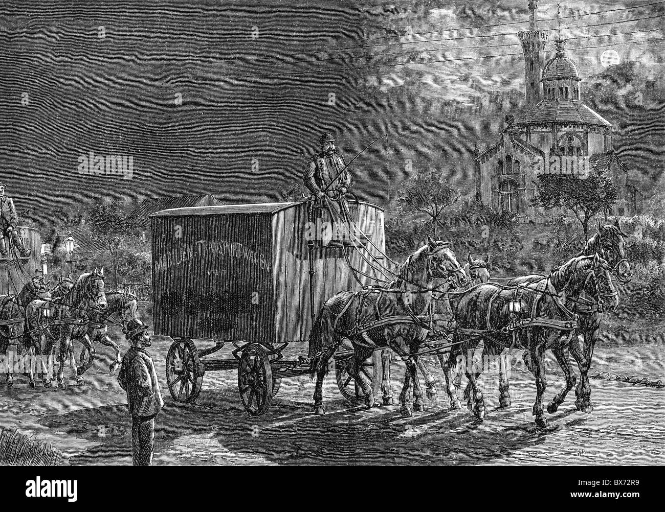 medicine, diseases, cholera, epedemic in Hamburg, 1892, transport of the dead Ohlendorf Cemetary at night, wood engraving after drawing by G. Arnould, October 1892, funiture carriage, death, helpers, people, disease, epedemic, Germany, Imperial Era, 19th century, historic, historical, Additional-Rights-Clearences-Not Available Stock Photo
