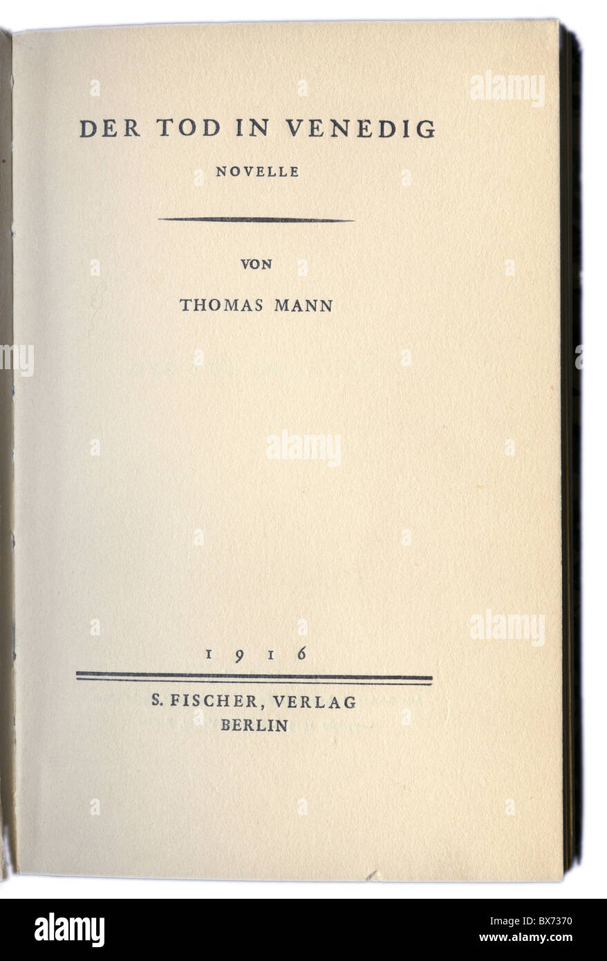 books,  Thomas Mann: 'Der Tod in Venedig' ('Death in Venice'), S. Fischer Verlag, Berlin, 1916, title, Additional-Rights-Clearences-Not Available Stock Photo