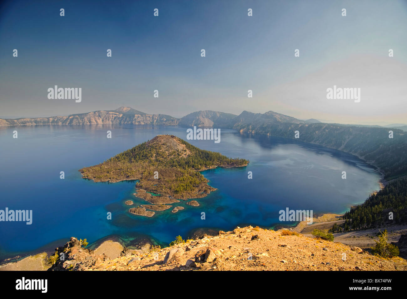 USA, Oregon, Crater Lake National Park, Crater Lake and Wizard Island Stock Photo