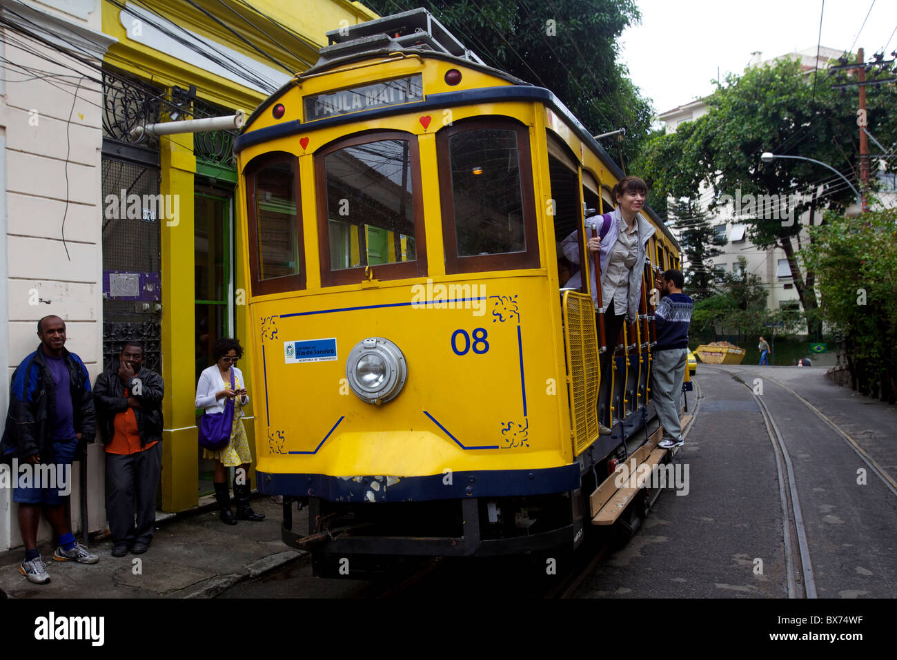 A classic tram on the road of Santa Teresa in Rio de Janeiro, Brazil, South America Stock Photo