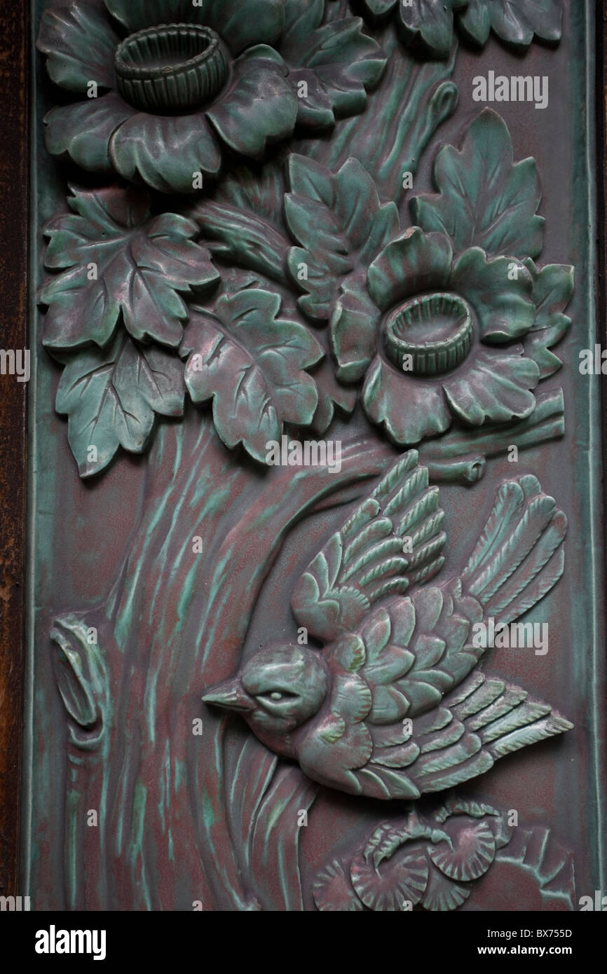 carving of a bird and flowers in the garden at la pagode cinema Stock Photo