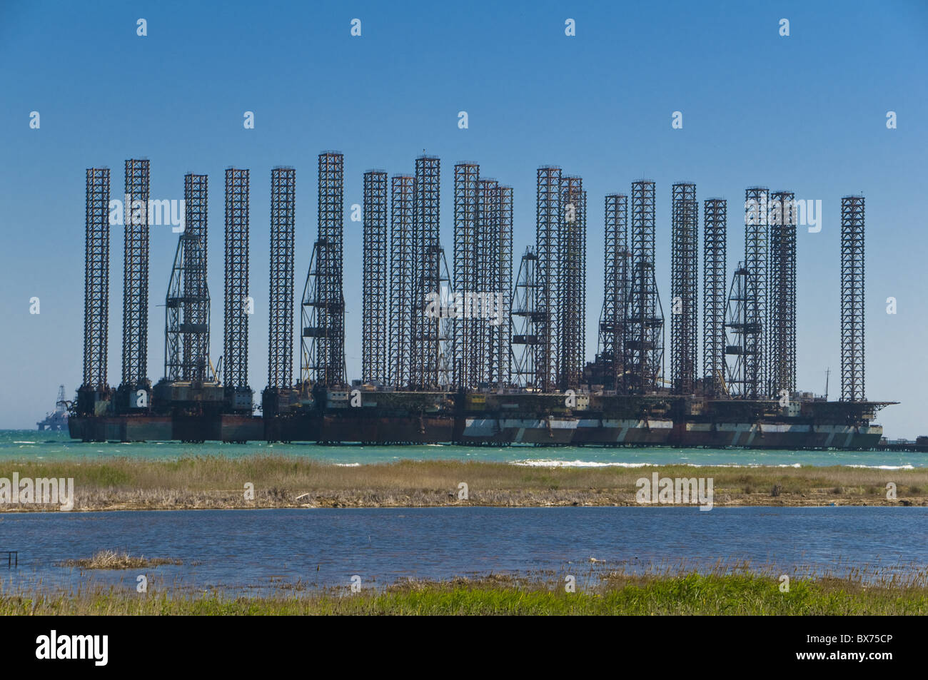 Offshore oil rigs at the Baku Bay, near Baku, Azerbaijan, Central Asia, Asia Stock Photo