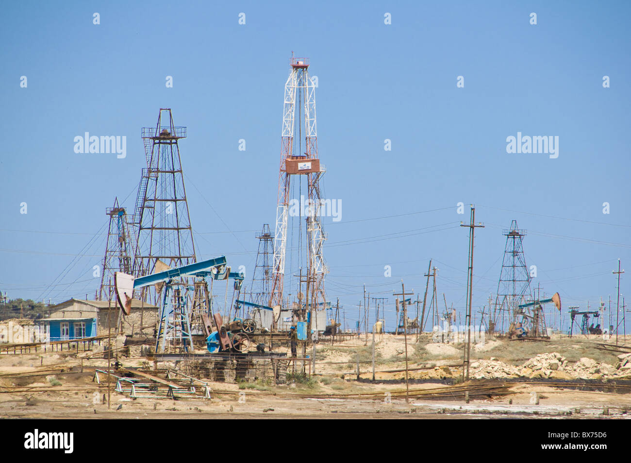 Old oil rigs at the Abseron Peninsula, near Baku, Azerbaijan, Central Asia, Asia Stock Photo