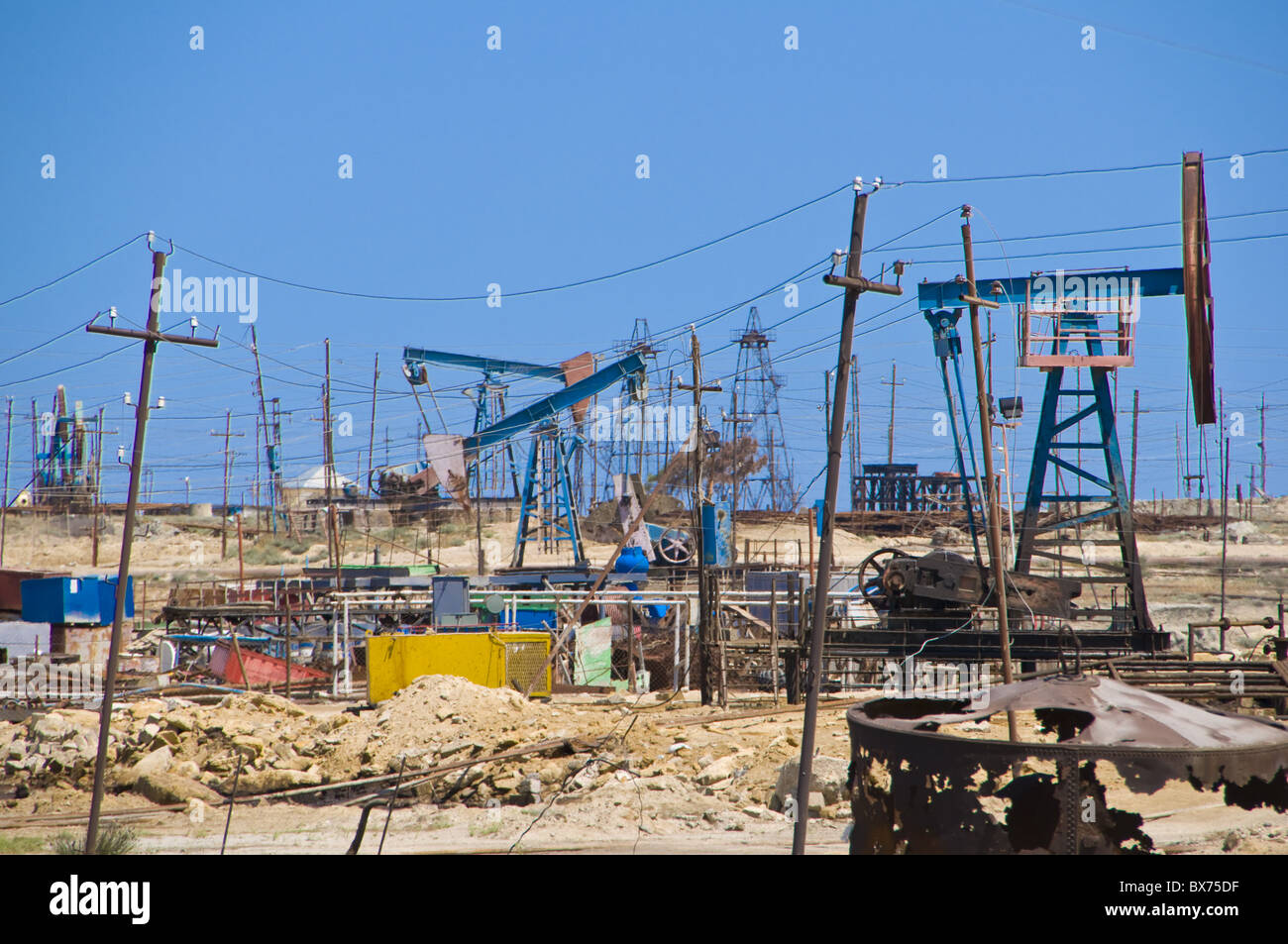Old oil rigs at the Abseron Peninsula, near Baku, Azerbaijan, Central Asia, Asia Stock Photo