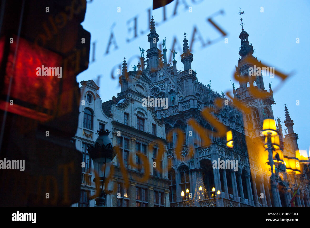 The Grand Place from inside a cafe, Brussels, Belgium Stock Photo