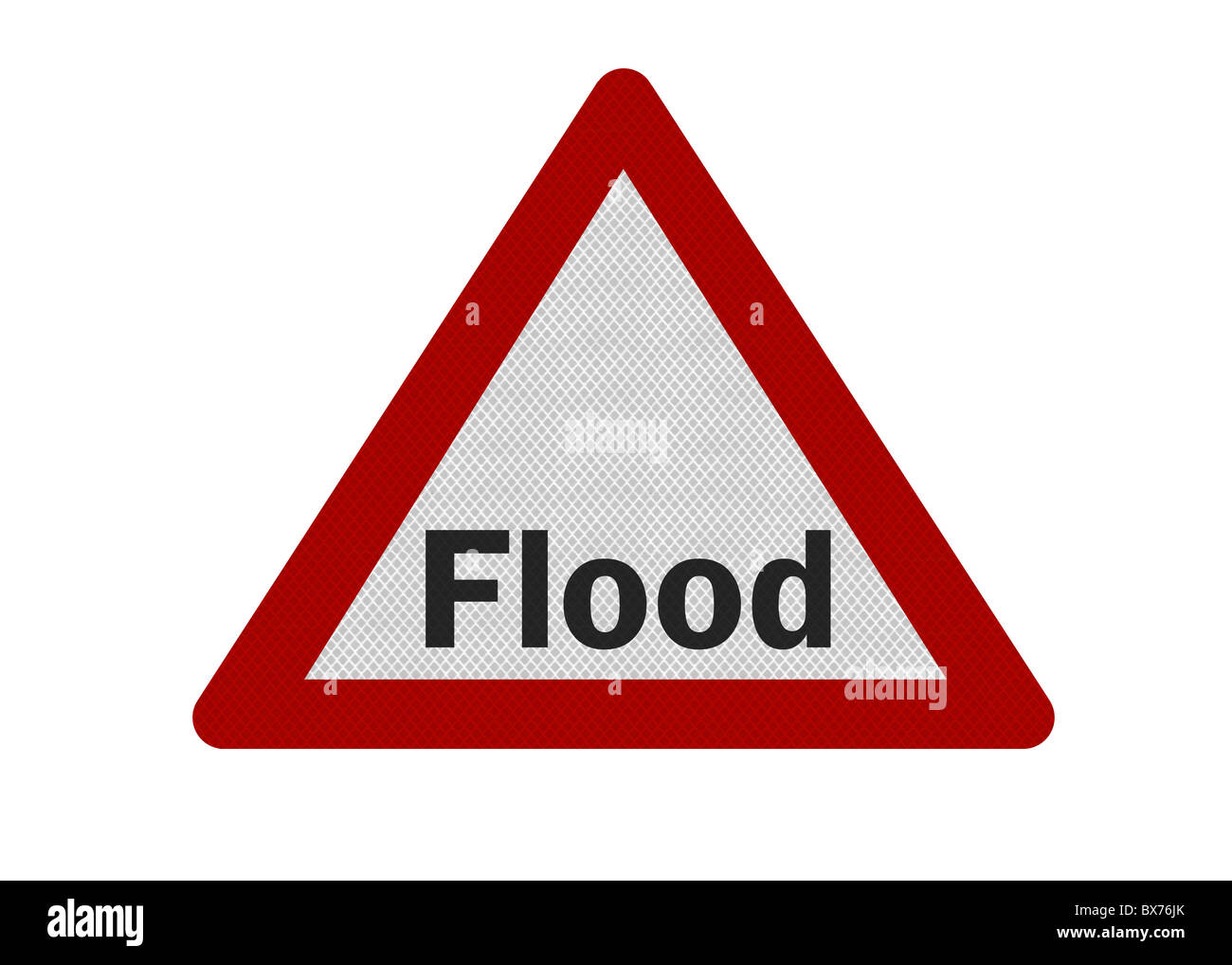 Photo realistic reflective metallic 'flood warning' sign, isolated on a pure white background. Stock Photo