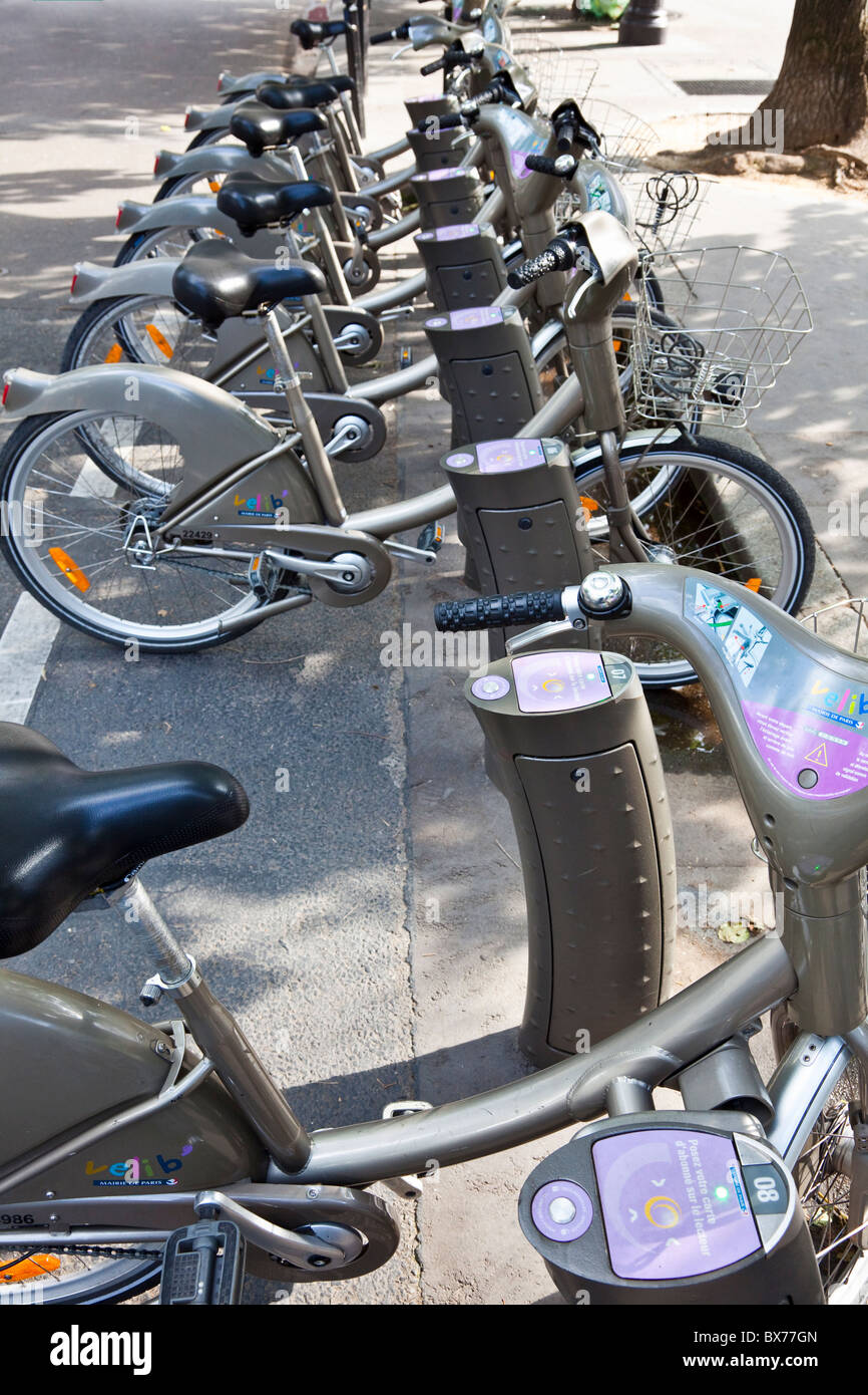 Bicycles for rent, Velib, Paris's city bicycle rental program, Paris, France, Europe Stock Photo