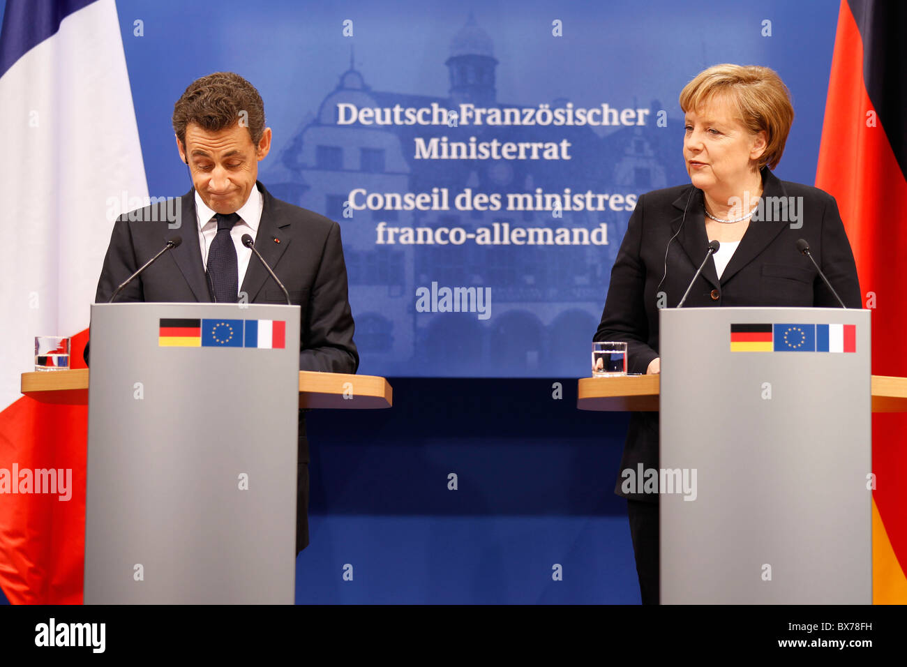 German Chancellor Angela Merkel and French President Nicolas Sarkozy in Freiburg on Friday, 10.12.2010 Stock Photo