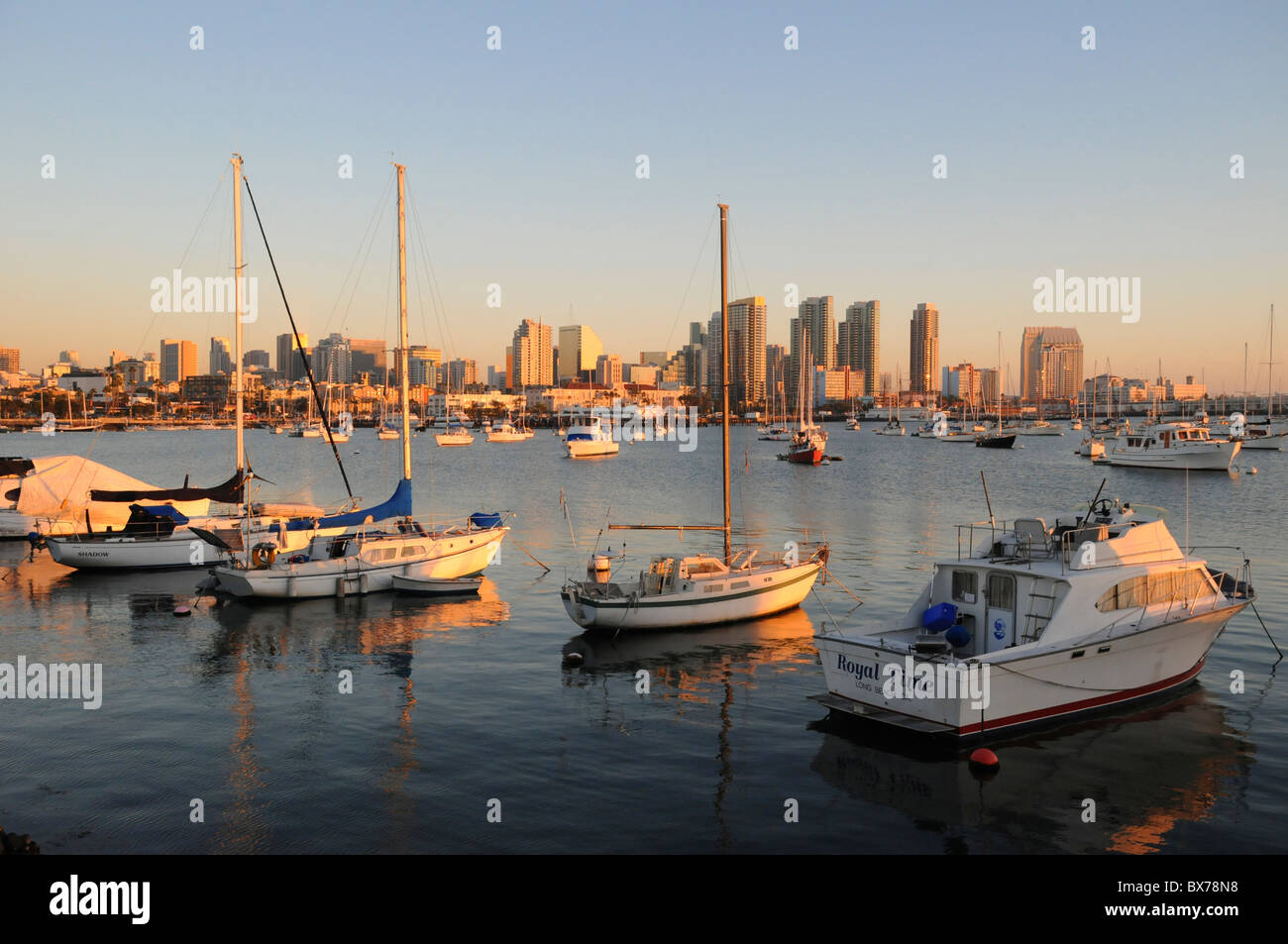 San Diego yacht harbor and bay with boats moored and anchored below