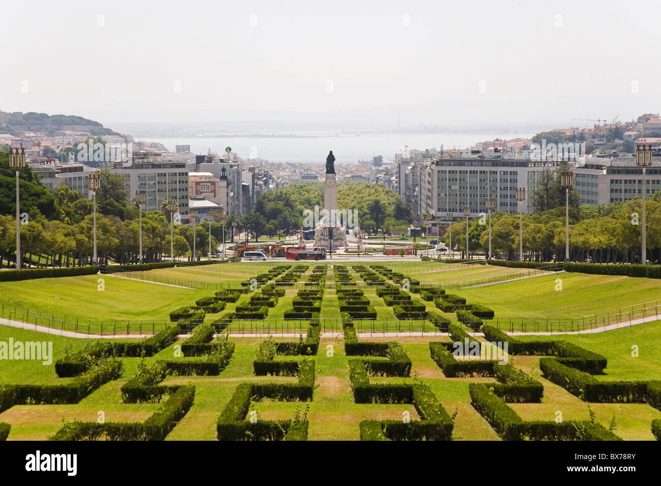 The greenery of the Parque Eduard VII runs towards the Marques de Pombal memorial in central Lisbon, Portugal, Europe Stock Photo