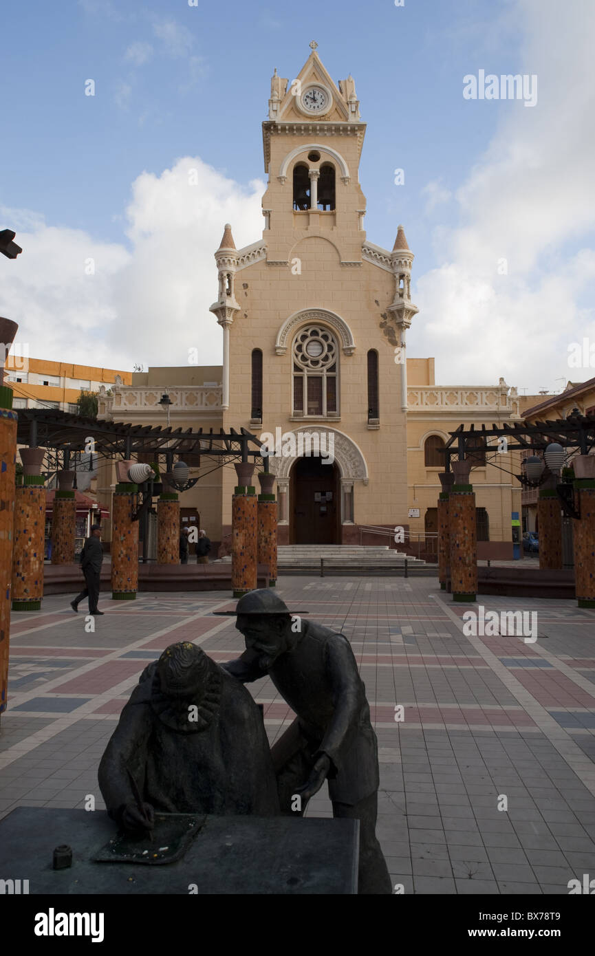 Monument to Miguel de Cervantes and modernist Sagrado Corazon church, Melilla, Spain, Spanish North Africa, Africa Stock Photo