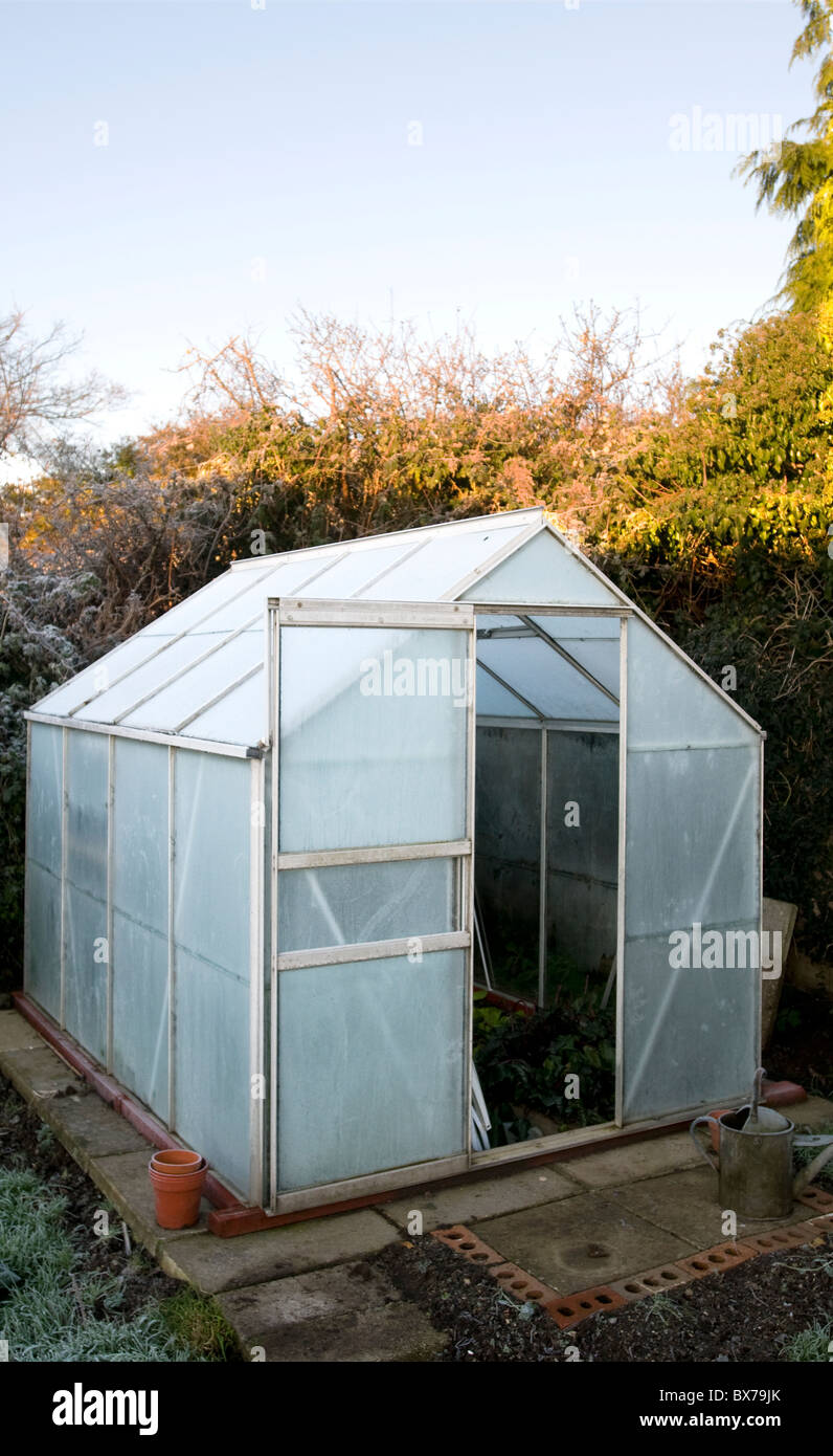 A frosted greenhouse in the corner of a Cornish garden. Just showing