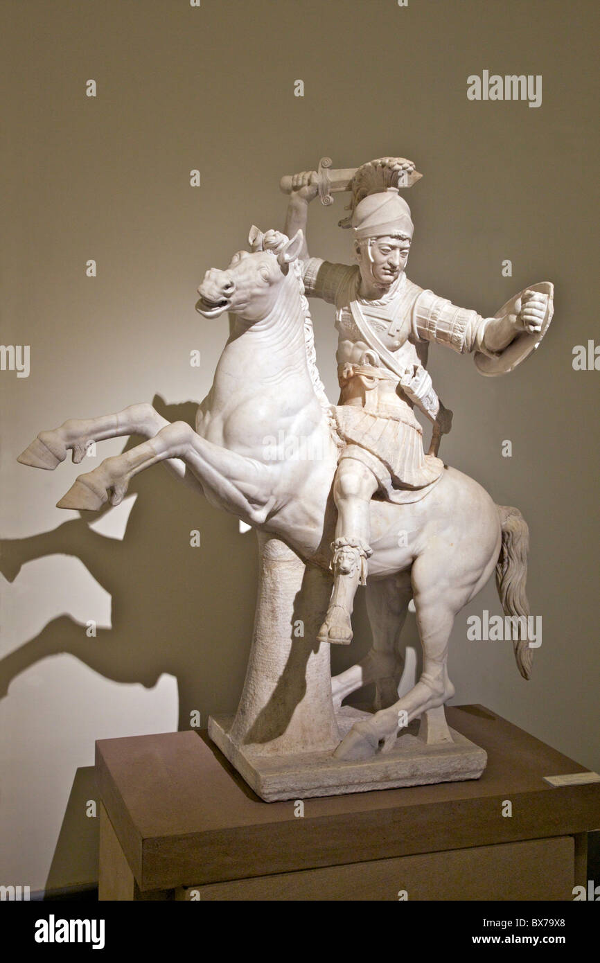 Marble sculpture of warrior on horseback dating from 2nd century AD, National Archaeological, Museum, Naples, Campania, Italy Stock Photo