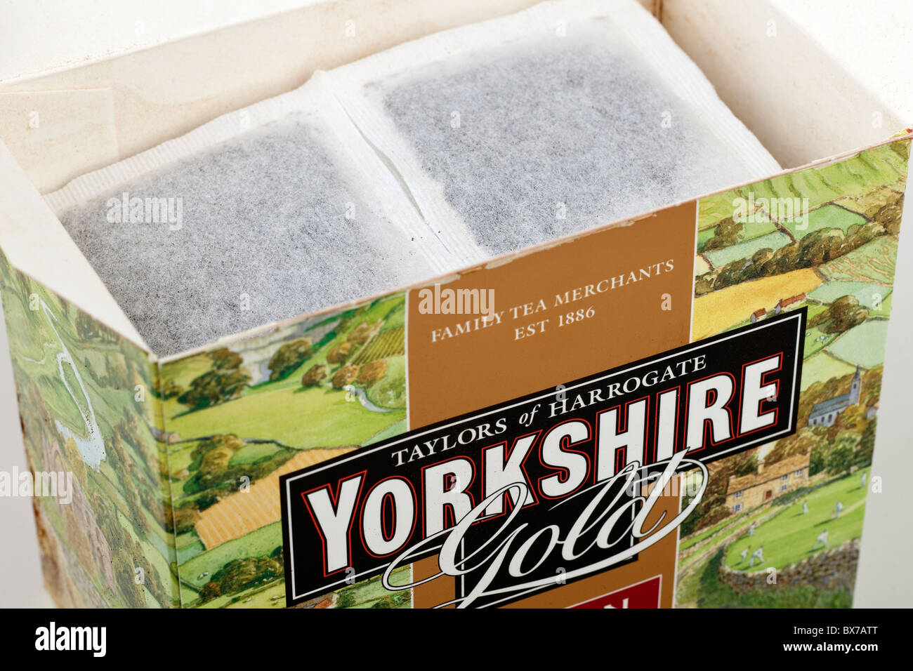 Open box of 80 Kenyan Yorkshire gold tea bags Stock Photo
