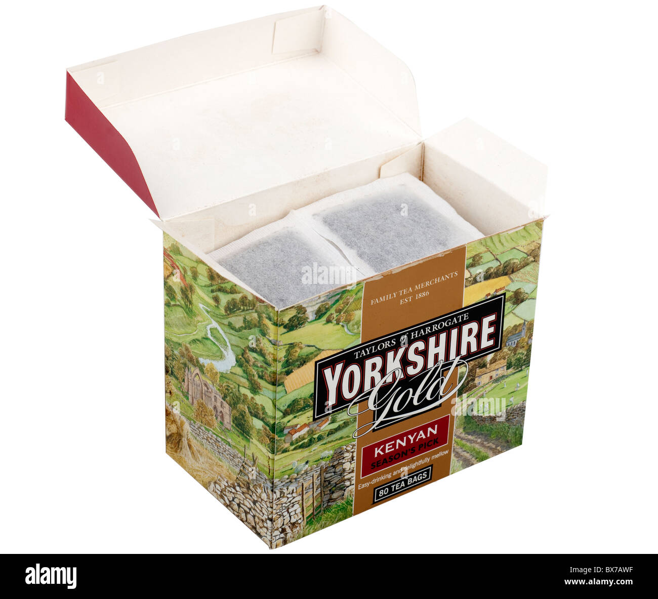 Box of 80 Kenyan Yorkshire gold tea bags Stock Photo