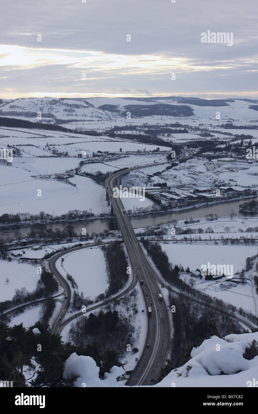 aerial view of road junction on M90 in winter near Perth Scotland  December 2010 Stock Photo