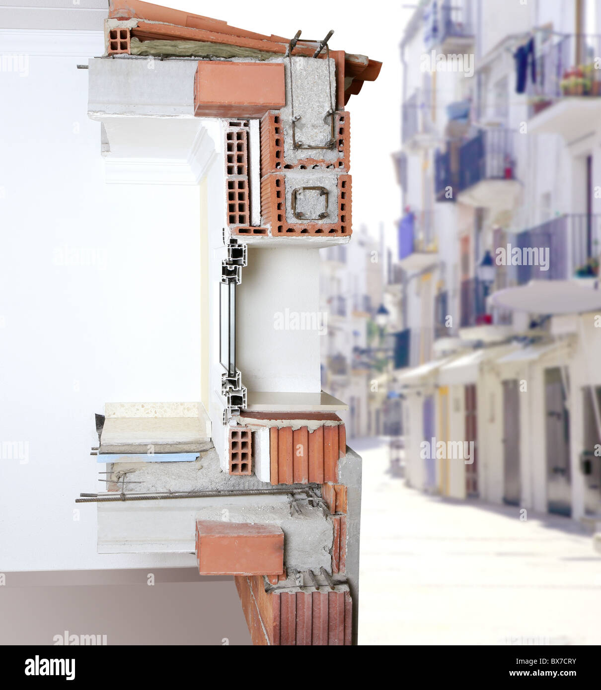 facade wall cross section of brick blocks window structure roof and