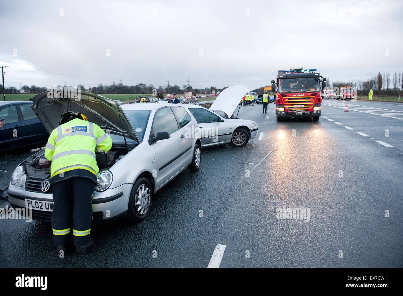 Motorway pile up accident and police & Fire & Rescue Service UK Stock ...