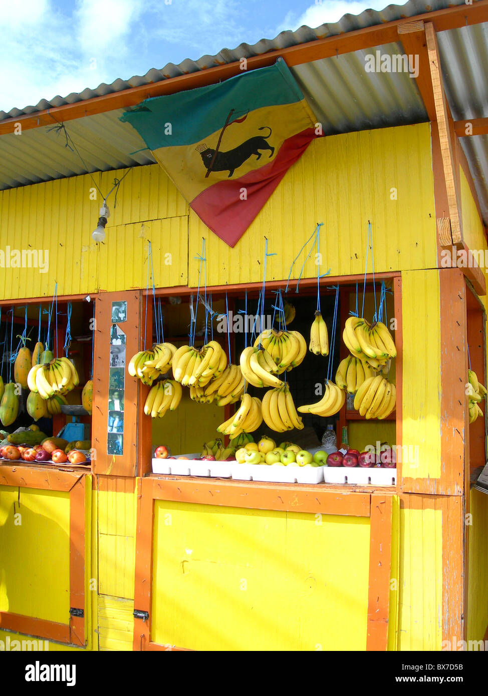 typical produce fruit stand market in Scarborough Tobago Trinidad with fresh produce fruits vegetables Stock Photo