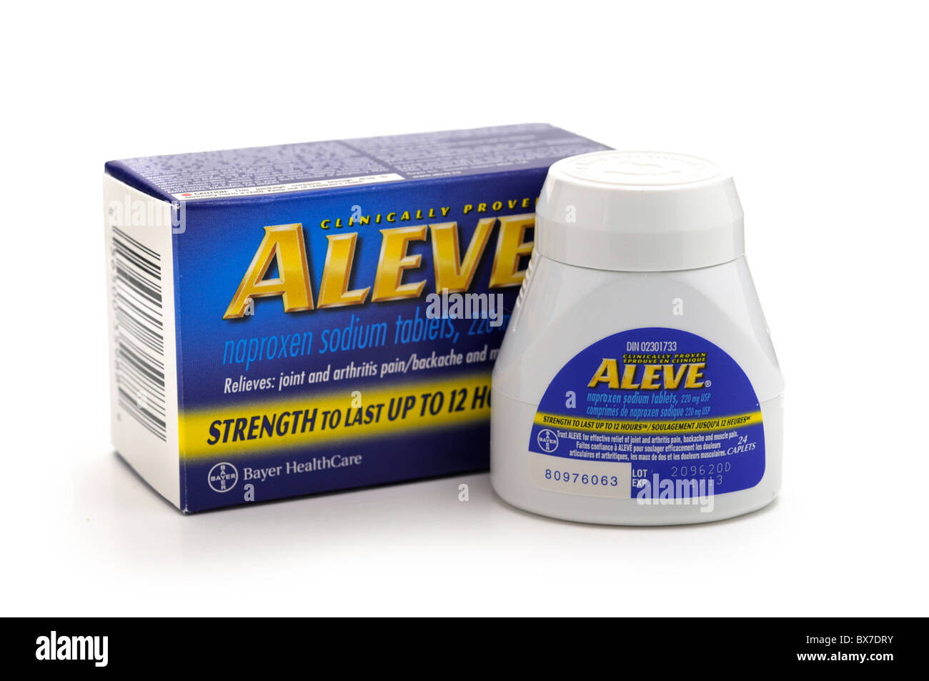 Bottle and Box, Naproxen Tablets (Aleve) Stock Photo