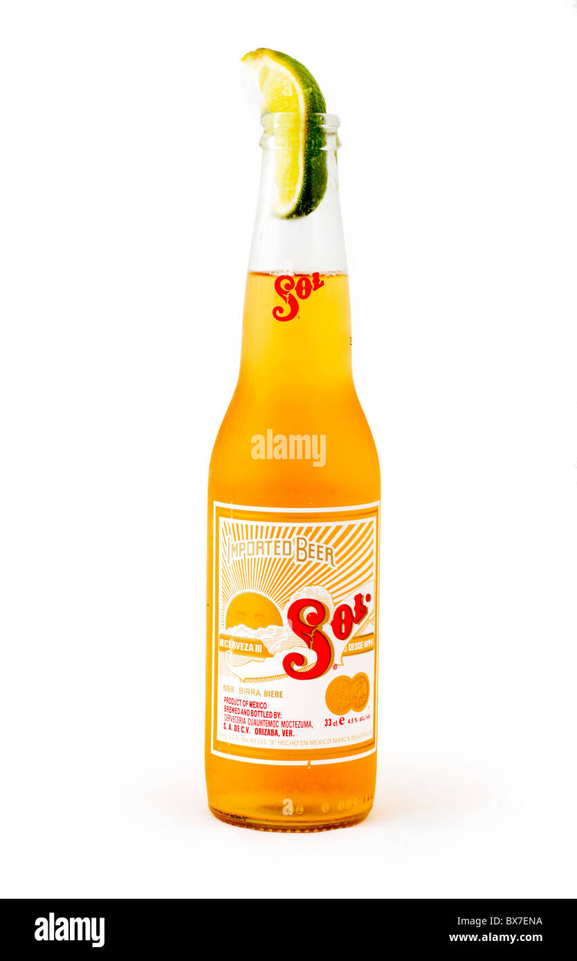 Cold bottle of Sol Mexican Lager with a slice of lime Stock Photo